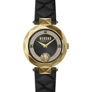 Versus Versace Women Swarovski Crystal Gold Case Black Leather Quartz Watch 36mm